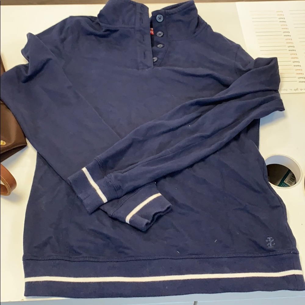 Quarter button navy sweater with white stripes